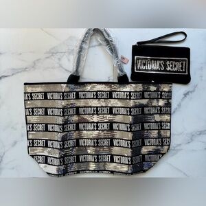 NEW WITH TAGS Victoria’s Secret Black & Silver Sequin Logo Tote W/ Cosmetics Bag